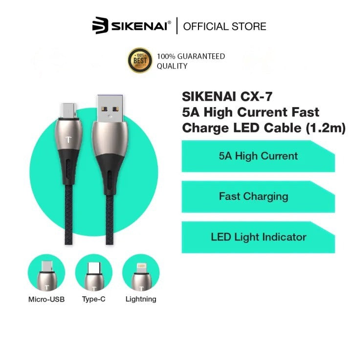 SIKENAI CX-7T Fast Charging Cable | 5A Type-C with LED Indicator | Nylon Braided 1.2M